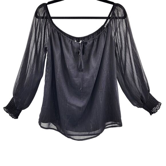 NWT WAYF Dede & Emily Black & Silver Sheer Off the Shoulder Top Women's Size M - Picture 1 of 9